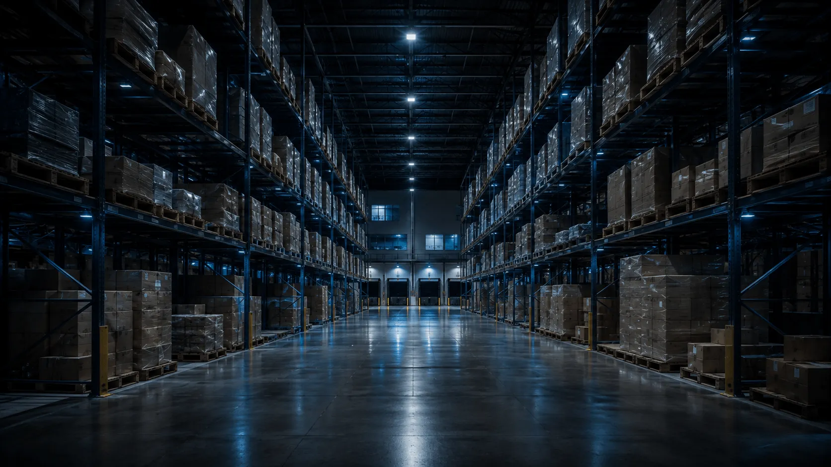 The central aisle of a distribution warehouse at night, between tall steel racking stacked with plain pallets, with CCTV cameras and wireless access points mounted on the roof structure and a loading bay at the far end.