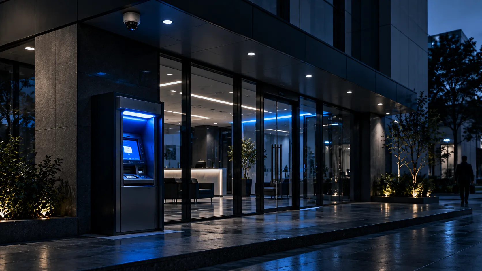 A bank branch at dusk with a glass lobby, a freestanding ATM with a blue screen and a dome camera at the canopy corner.