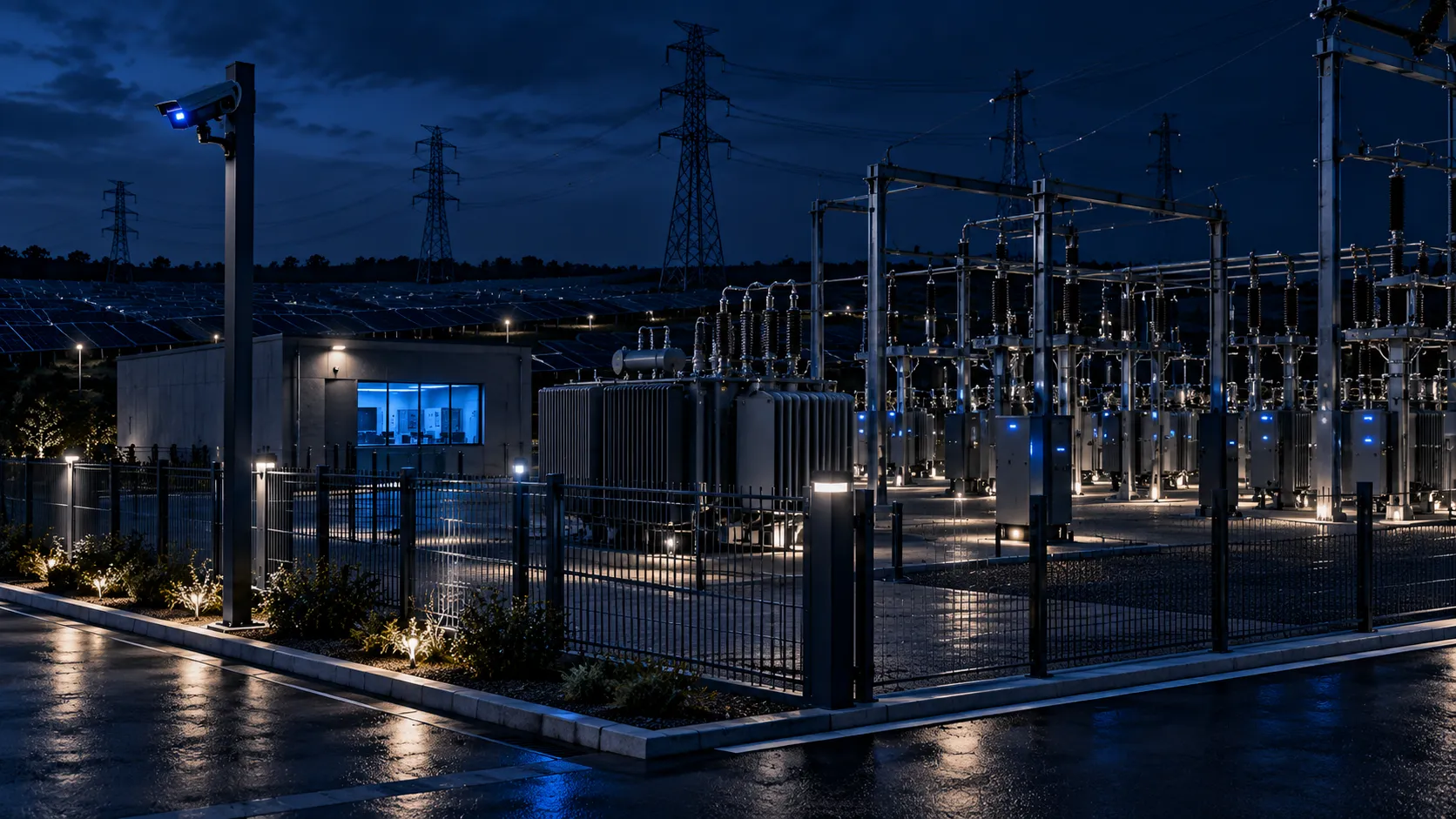 A substation yard at blue hour with transformers and switchgear behind a perimeter fence, a camera on a tall pole, a small lit control building and pylons beyond.