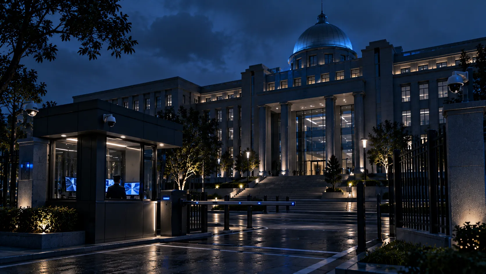 A domed civic administration building at dusk with a controlled pedestrian gate and booth in front and cameras along the perimeter fence.