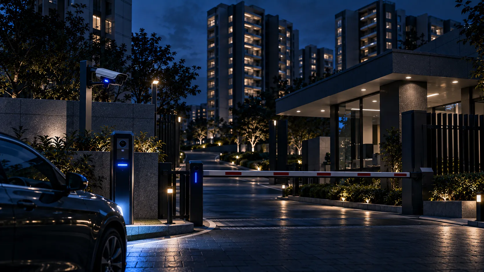 The entrance of a gated residential community at dusk with a boom barrier, gatehouse, plate-reading camera and intercom pillar, and lit apartment towers behind trees.
