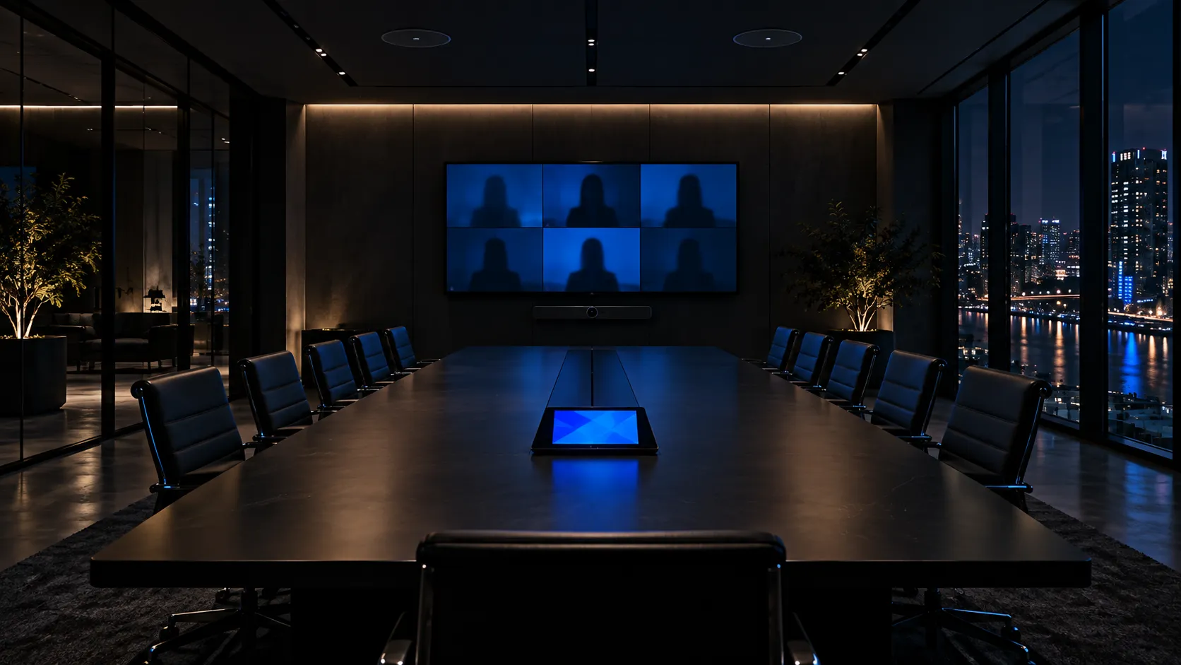 A boardroom at night with a long dark table, a wall display showing a grid of video-call participants, a camera bar beneath it, ceiling microphones and a lit touch panel on the table.