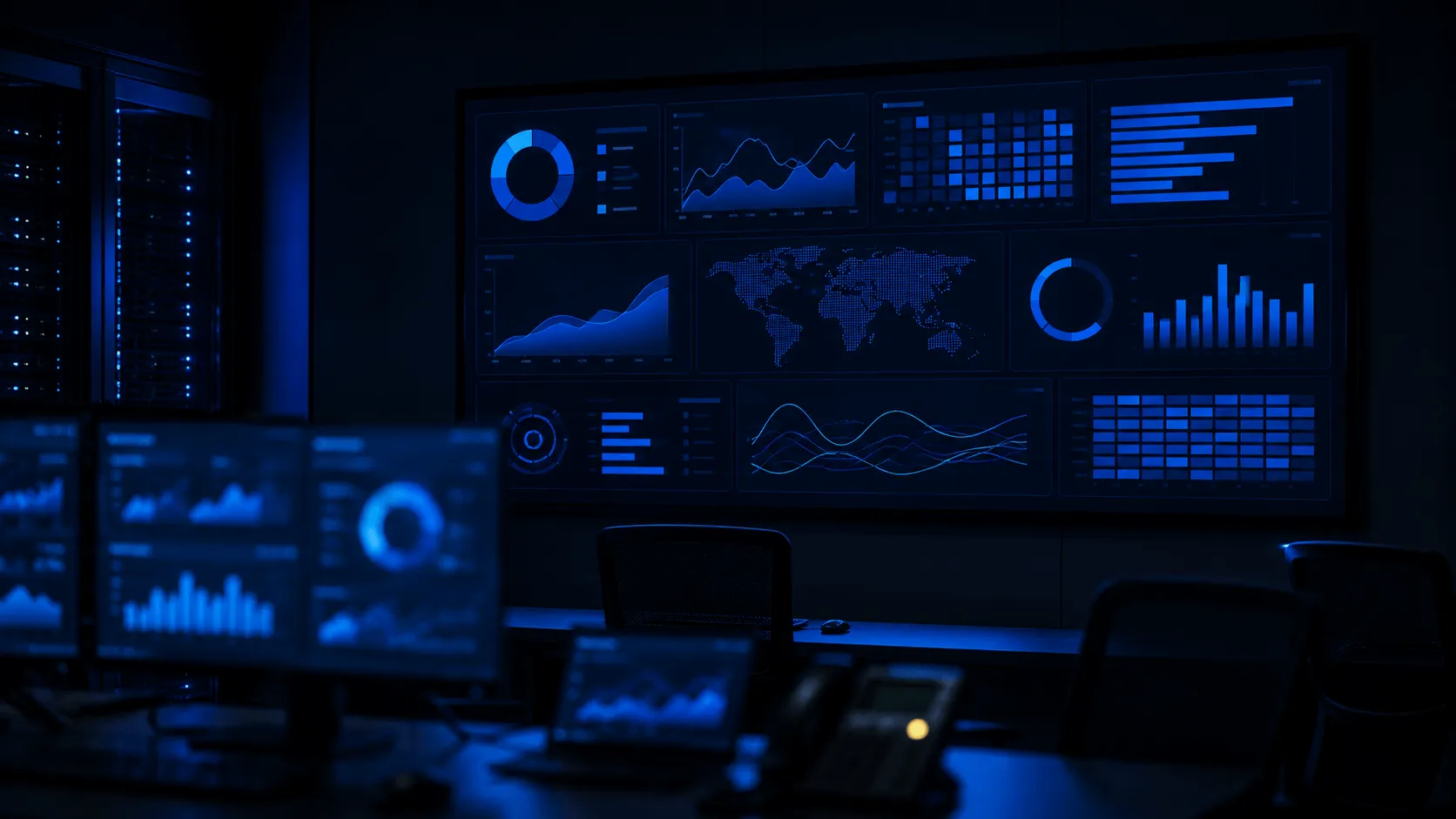 A dark operations room with a wall-mounted dashboard of charts, gauges and status blocks, and an industrial gateway device and tablet on a desk in the foreground.