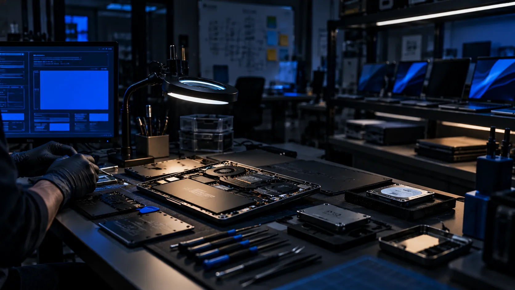 A repair bench at night with an open laptop under a magnifier lamp, a hard drive and SSD in trays, precision screwdrivers laid out and tested laptops on a shelf behind.