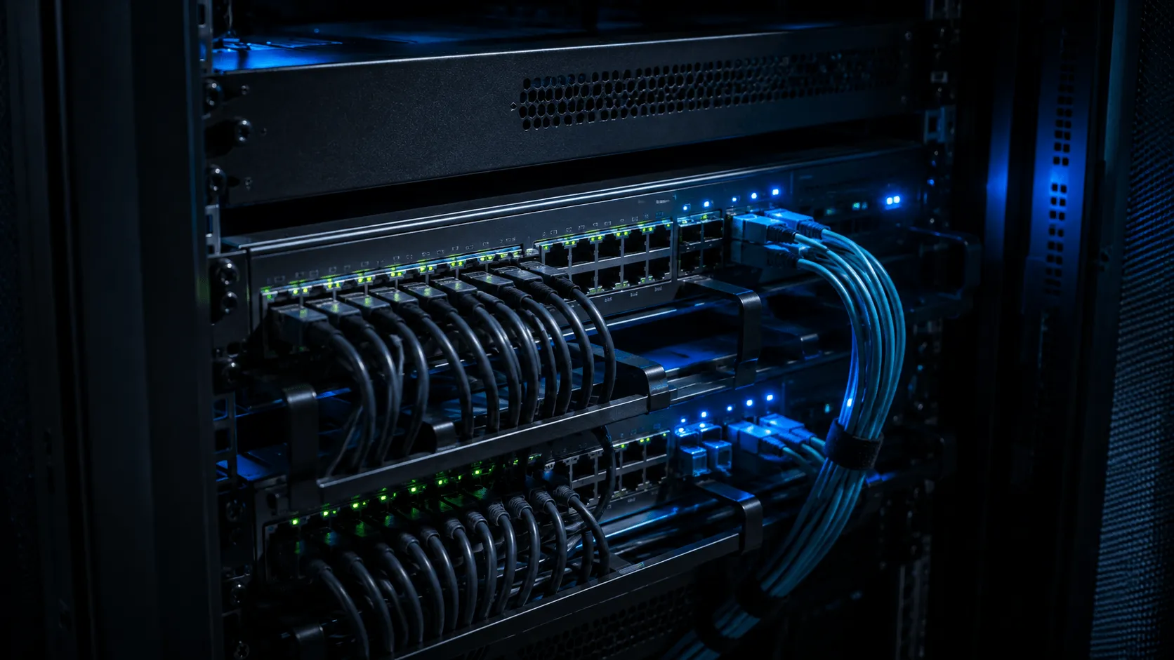 The inside of a network cabinet, with blue ethernet patch leads dressed in parallel bundles from a patch panel into a rack-mounted switch, fibre leads entering from one side and port activity LEDs lit.